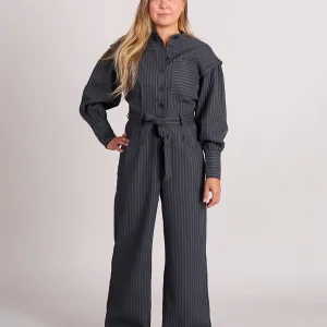 FRNCH Vigan jumpsuit gestreept met schouderdetails en strikceintuur grijs