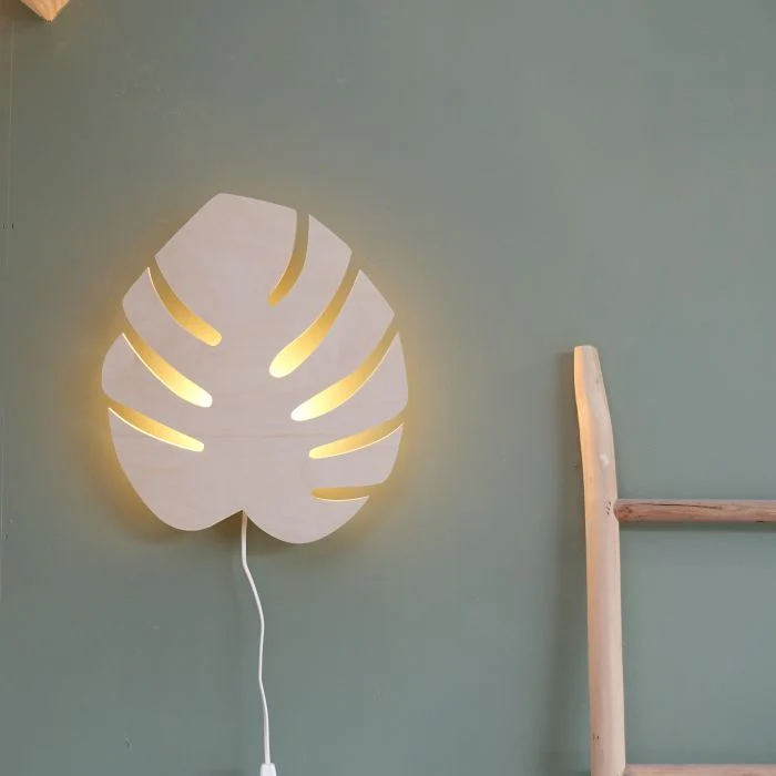Houten wandlamp kinderkamer | Monstera blad - blank - Afbeelding 5