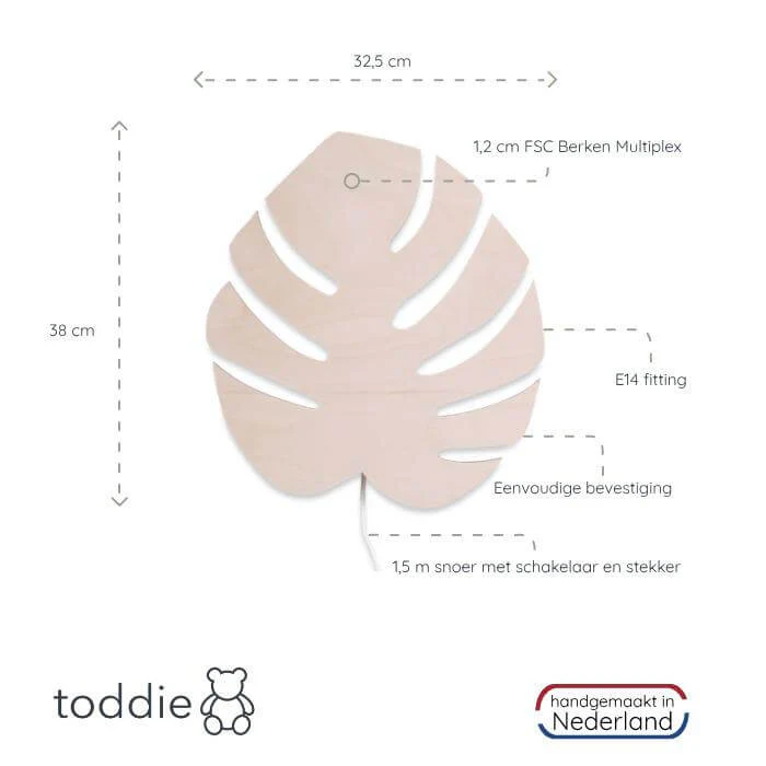 Houten wandlamp kinderkamer | Monstera blad - blank - Afbeelding 4