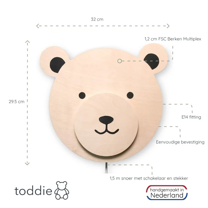 Houten wandlamp kinderkamer | Teddy - blank - Afbeelding 4