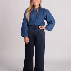 mbyM Guri Long-M broek wide-leg satijn glanzend blauw